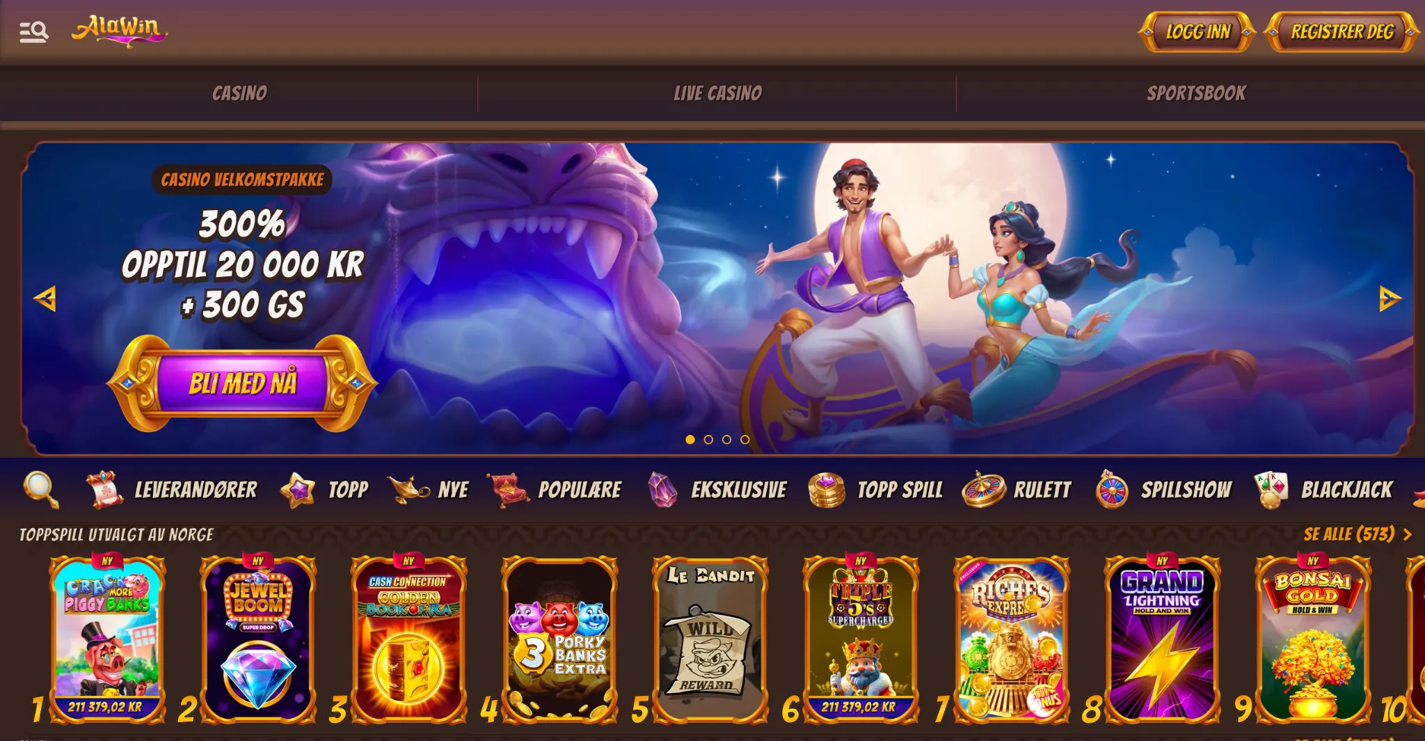 Alawin Casino forside med velkomstpakke og toppspill