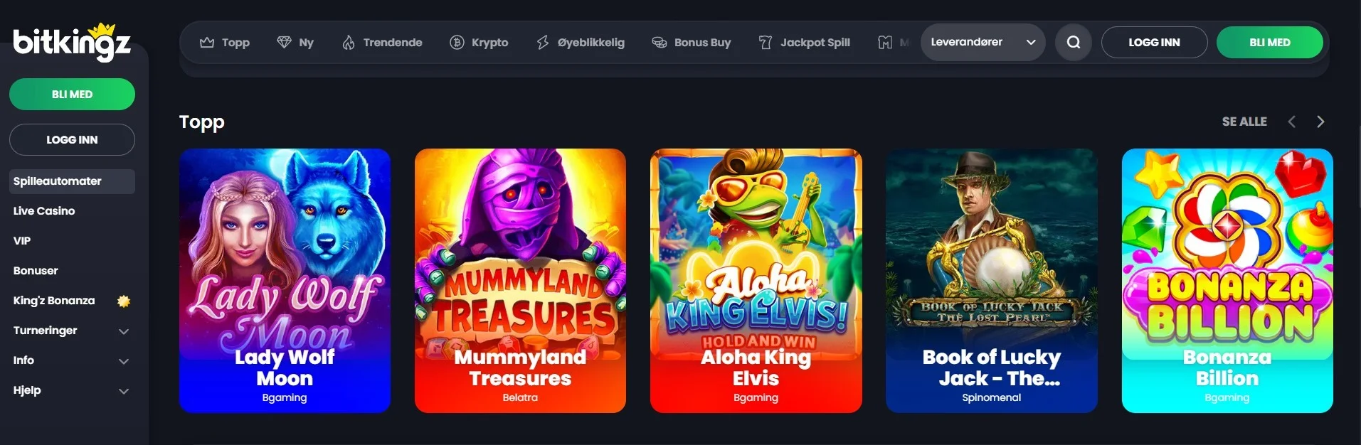 BitKingz Casino lobby med spillkategorier og leverandører