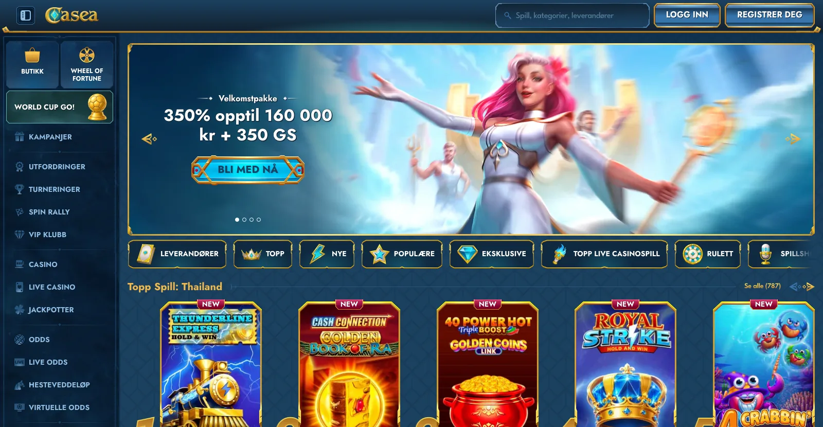 Casea Casino forside med kampanjer og spillutvalg