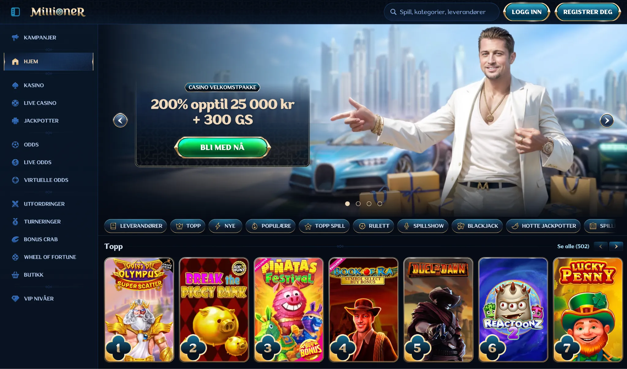Millioner Casino forside med velkomstpakke og toppspill