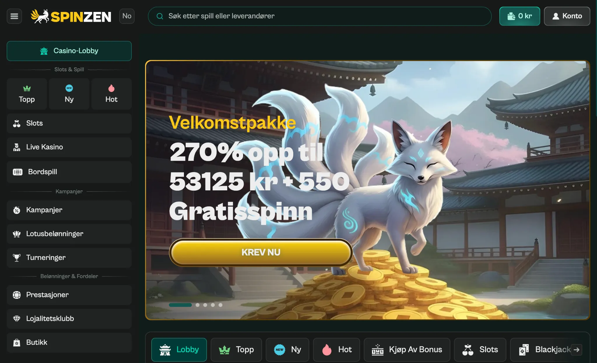 Spinzen Casino lobby med velkomstpakke og spillkategorier