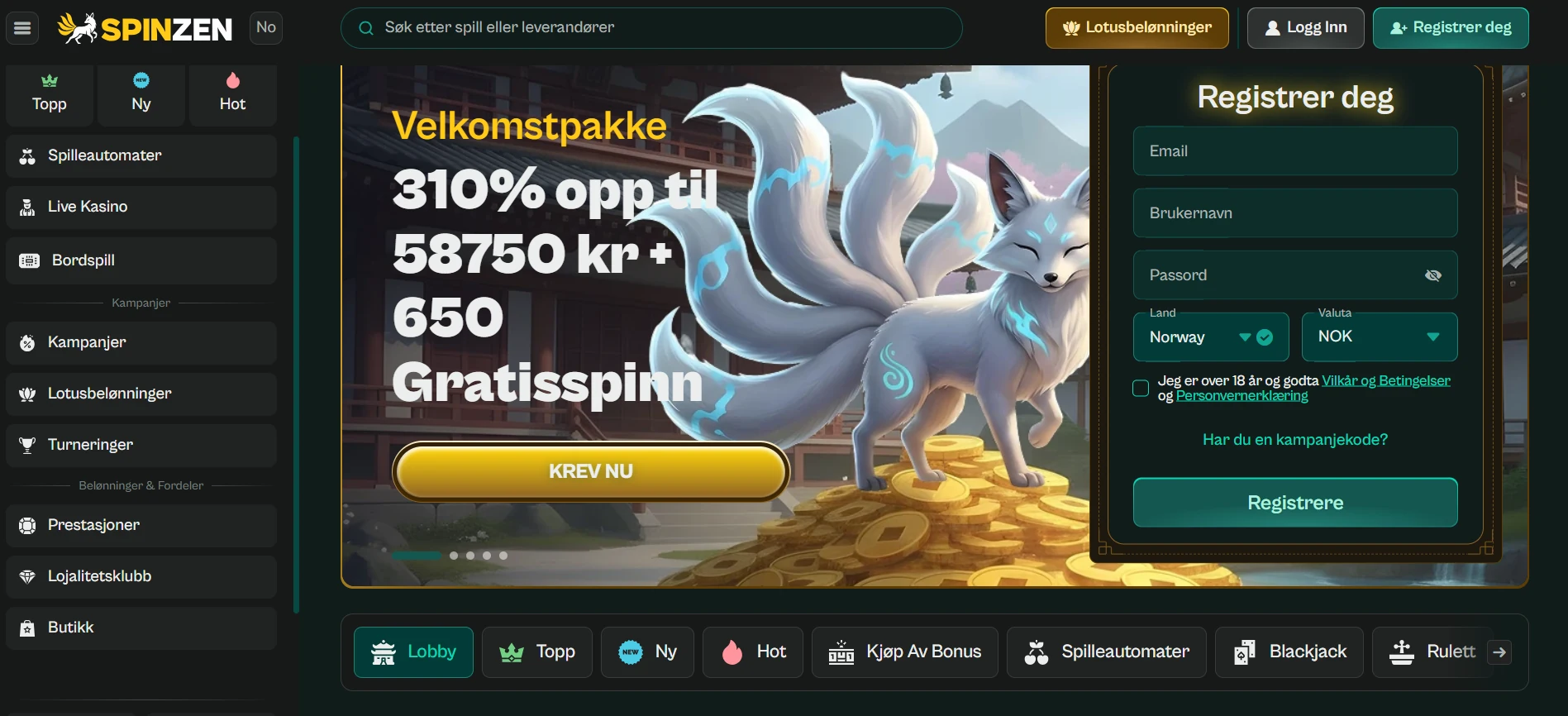Spinzen Casino Screen
